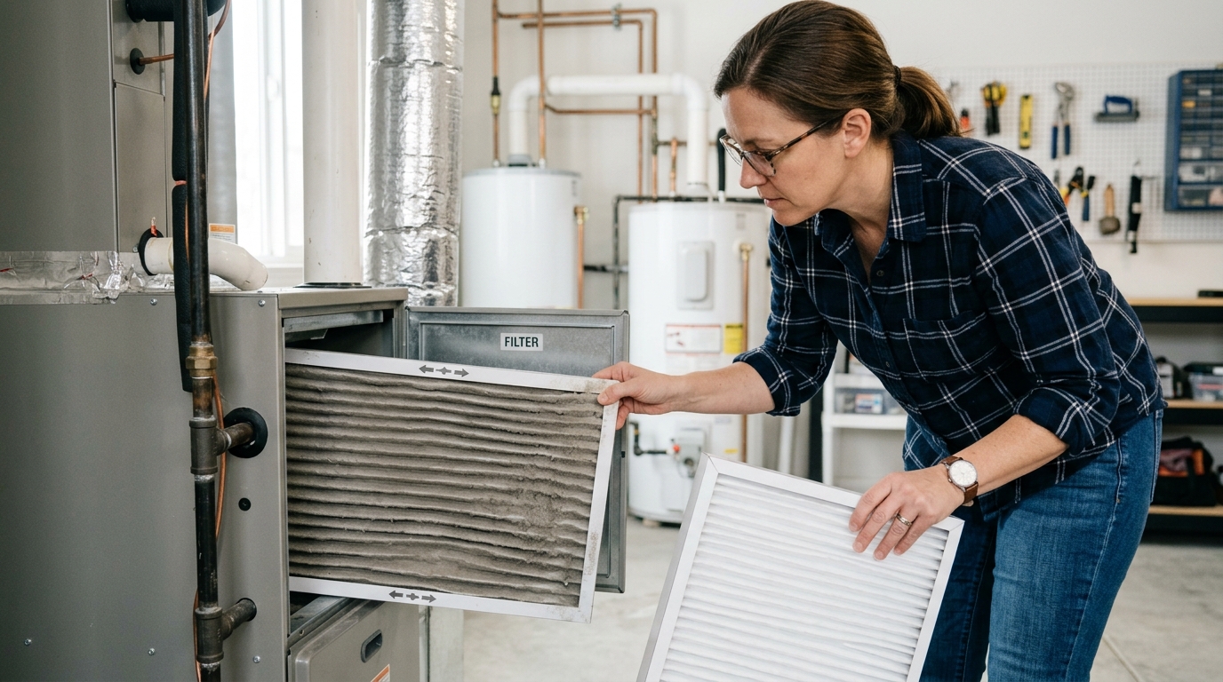 Homeowner checking a residential HVAC air filter