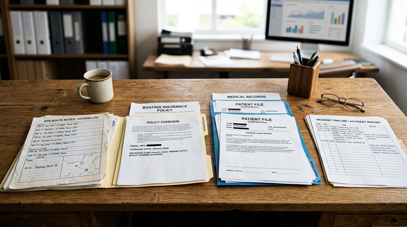GPS data and insurance paperwork for a boating accident claim