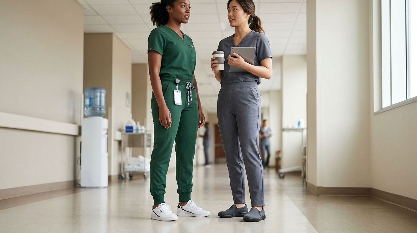 Side-by-side comparison of jogger and tapered medical scrub pants