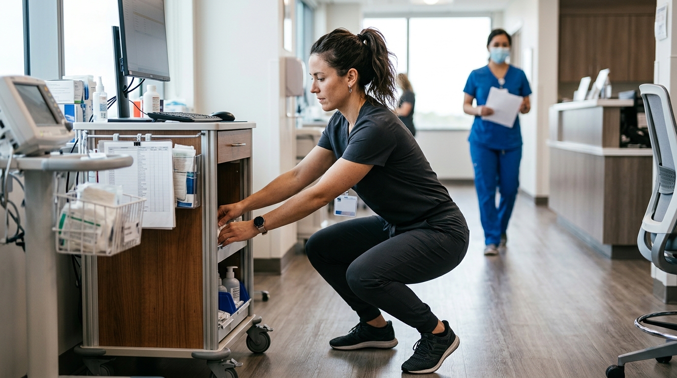 Healthcare professional testing scrub pant mobility by sitting, walking, and bending