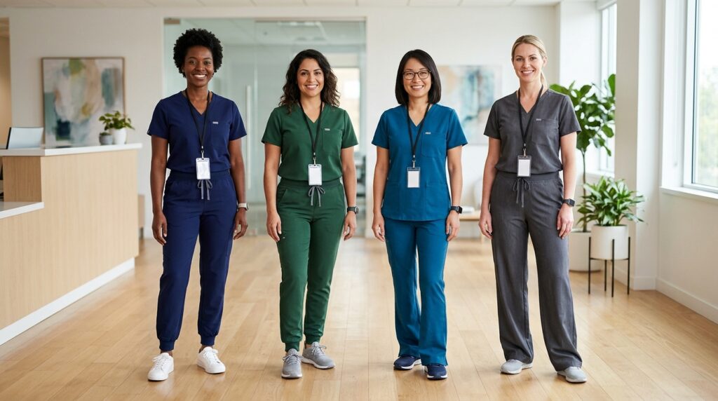 Jogger, Tapered, Flare, or Wide-Leg: Choosing Performance Scrub Pants Healthcare professionals wearing jogger, tapered, flare, and wide-leg scrub pants