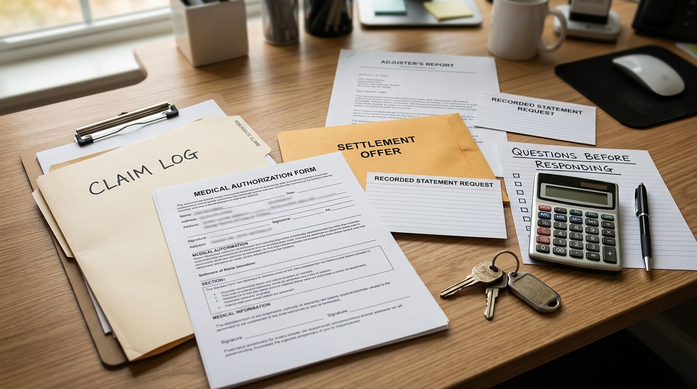 Houston insurance pressure review file with recorded statement request medical authorization settlement offer claim log and adjuster letter