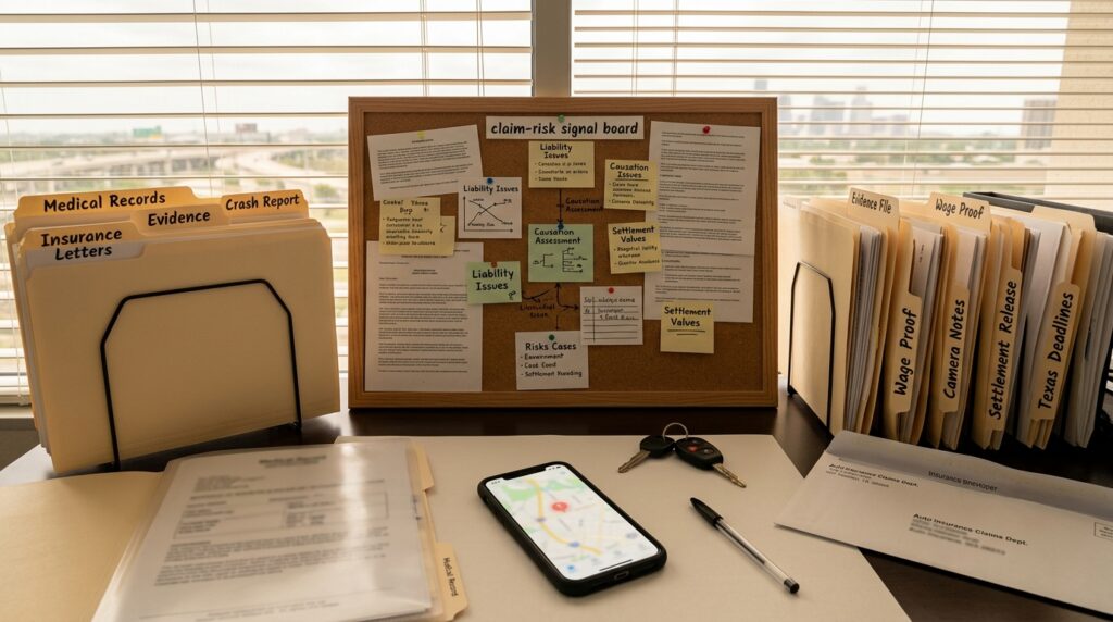 When Should You Hire a Houston Injury Lawyer? A Claim-Risk Signal Guide Houston injury lawyer claim risk signal board with medical records crash report insurance letters evidence file wage proof settlement release and Texas deadline notes