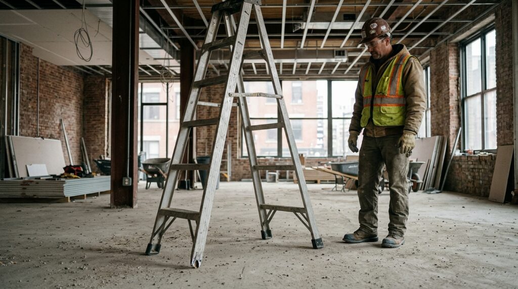 Ladder Accident Claims on New York Construction Sites Ladder safety hazard during interior construction work at a New York renovation site